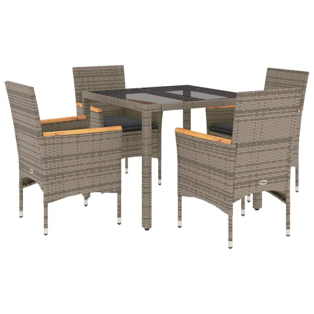 vidaXL 5 Piece Outdoor Dining Set with Cushions Grey Poly Rattan and Glass