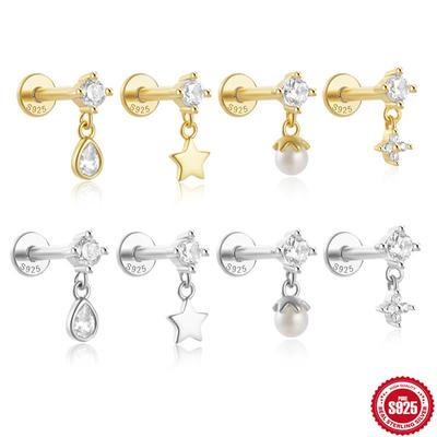 Simple S925 Sterling Silver Personality Geometric Diamond Set Flat Head Internal Thread Pentagram Pearl Piercing Ear Bone Nail