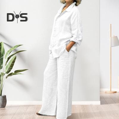 2 Pcs/Set Women Shirt Pants Set Loose Lapel Single-breasted Mid Length Long Sleeve Blouse Elastic Waist Wide Leg Trousers Daily Wear Clothes