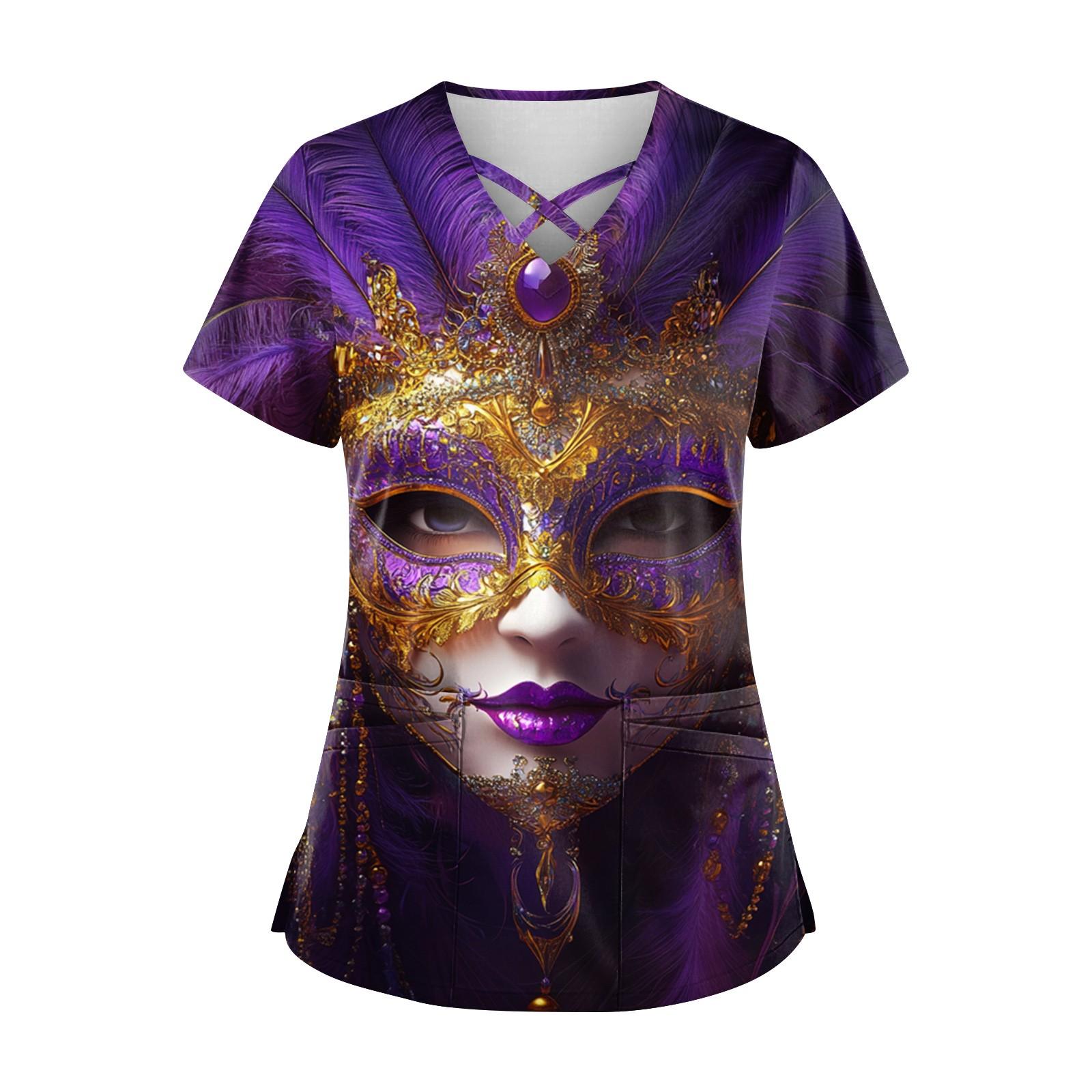 

Женский топ с коротким рукавом и V-образным вырезом, карнавальным принтом и карманом Dry-nurse L темно-фиолетового