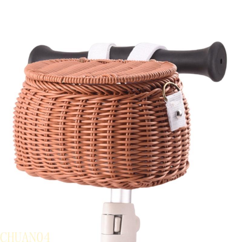 A1A2 Childrens Bicycles Front Basket Wovens Plastic Bikes Baskets with Belt and Lid Handlebars Storage Container