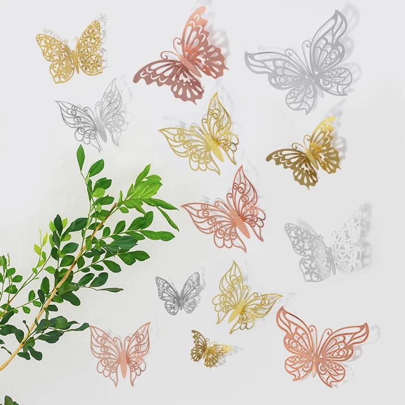 12/24/48pcs 3D Butterfly Wall Decor Wall Sticker, Gold Butterfly Decorations for Butterfly Birthday Party Cake Room Decorations