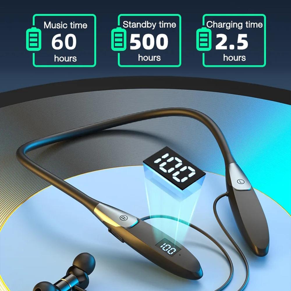 60 Hours Playback Wireless Bluetooth 5.3 Headphones Neckband Bass Stereo Sports Waterproof Headphones with Microphone
