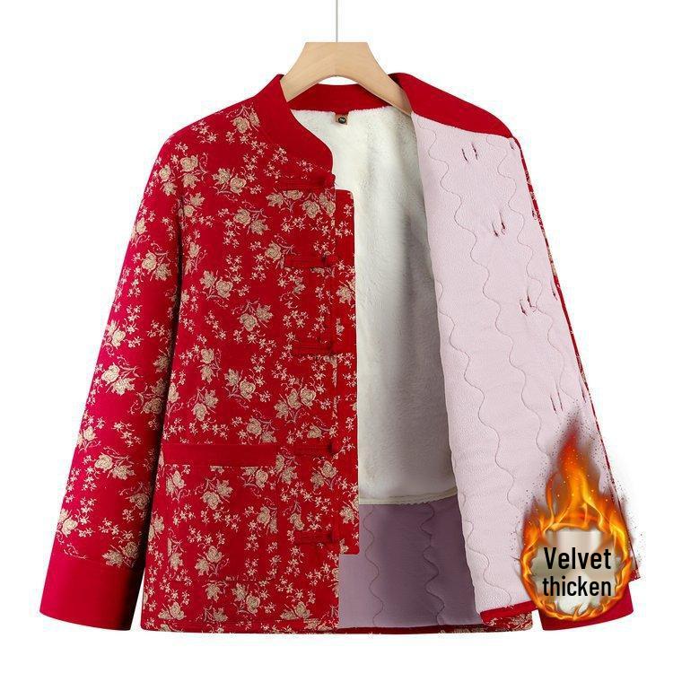 Chinese Style Velvet Cotton Jacket for Middle-Aged and Elderly Women - Retro Autumn/Winter Warm Outerwear
