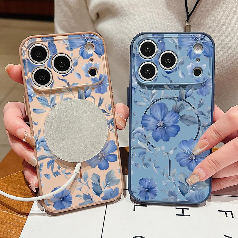 Magnetic For Magsafe Case For iPhone 17 Pro Max Pale Blue Flowers Pattern Skin Feeling Cover For iPhone 16 15 14 13 Pro Max
