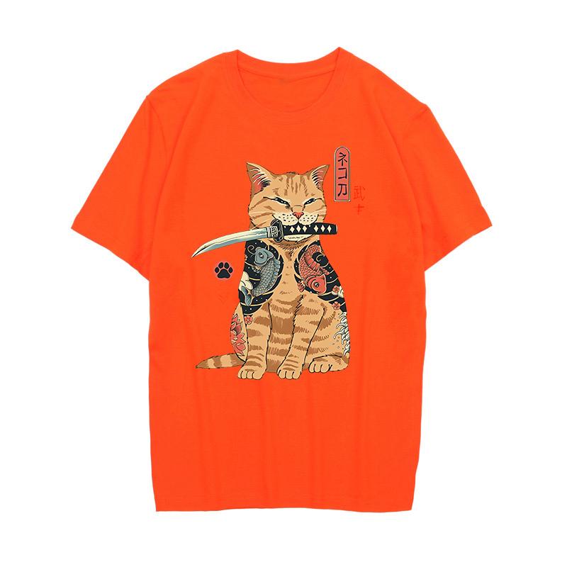 Funny Cotton Japanese Samurai Cat T Shirt Lover T Shirts Cat T-Shirts Retro Casual Short Sleeve Tshirt Unisex Women Clothes