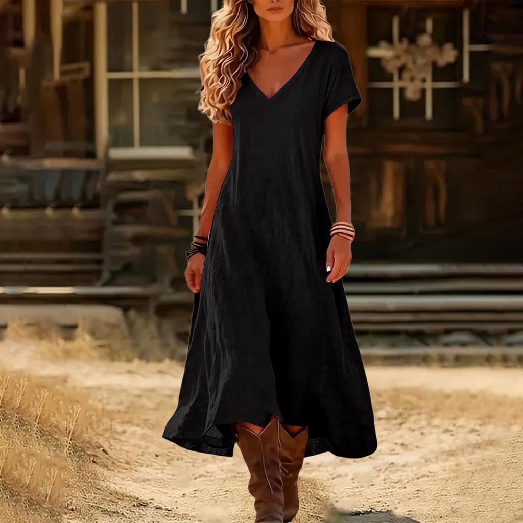 Fashion Women's Color V-neck Long Dress Loose