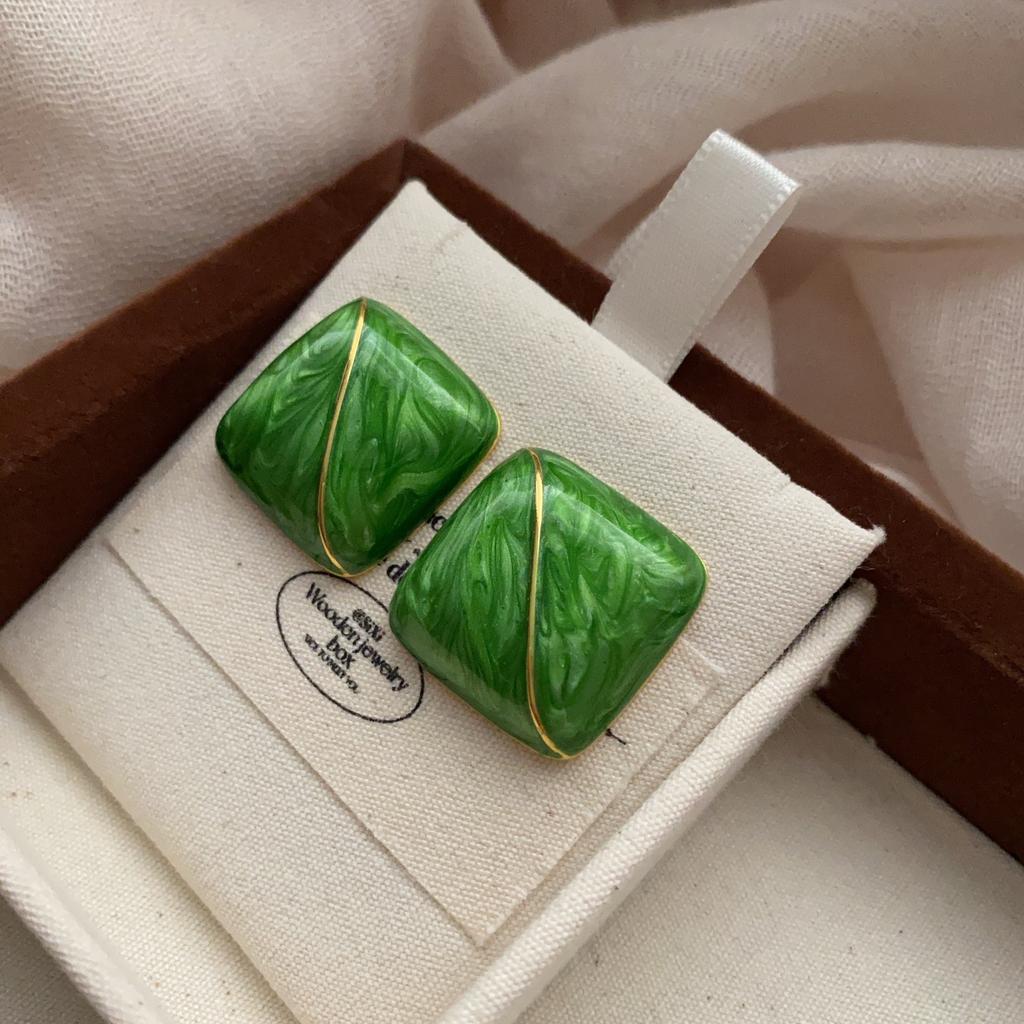 Geometric Minimalist Green Enamel Square Stud Earrings Texture Vintage Art Earrings