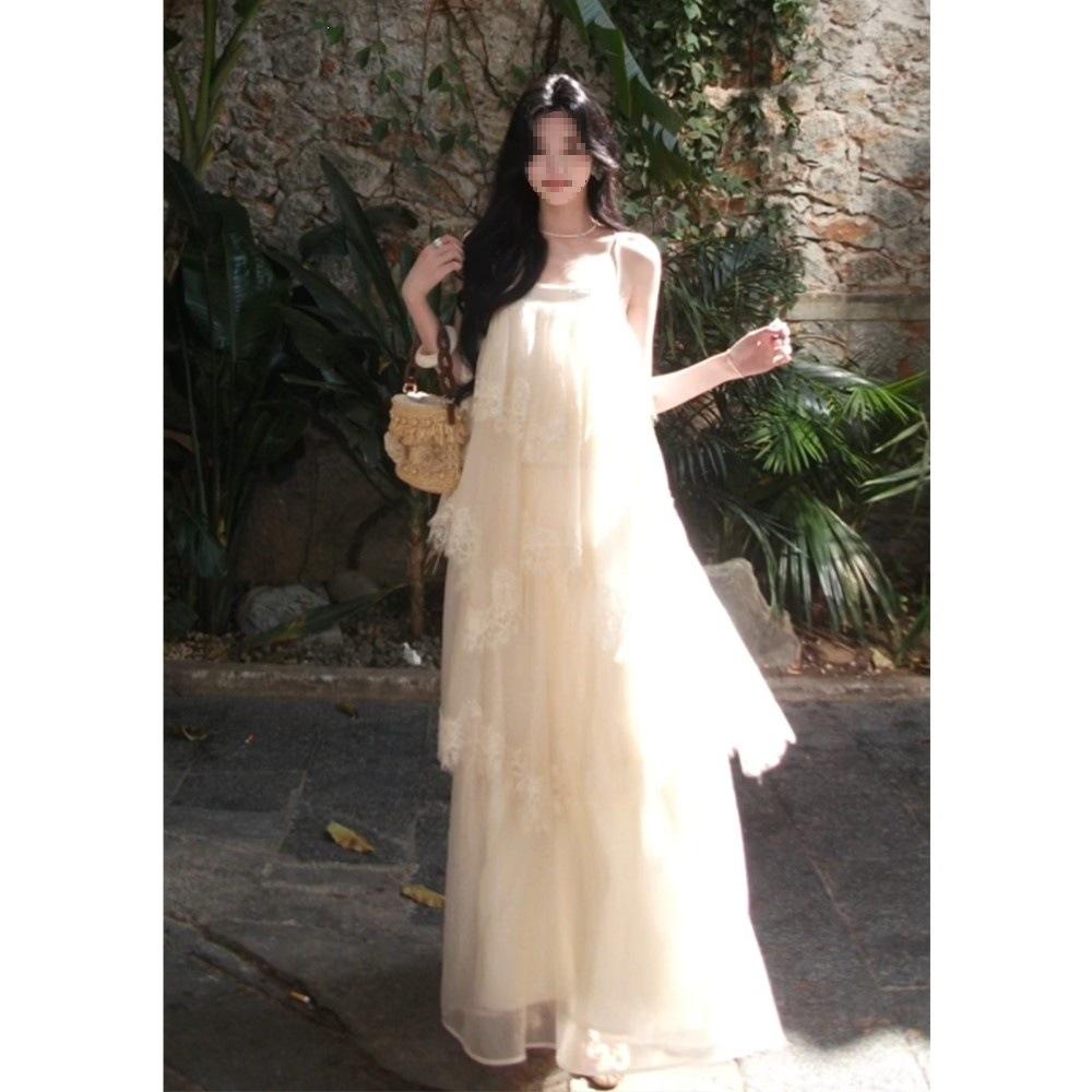 In Stock At the Actual Price, Korean Gentle Wind Lace Beautiful Back Suspender Dress, Spring New Holiday Wind Cake Long Dress for Women