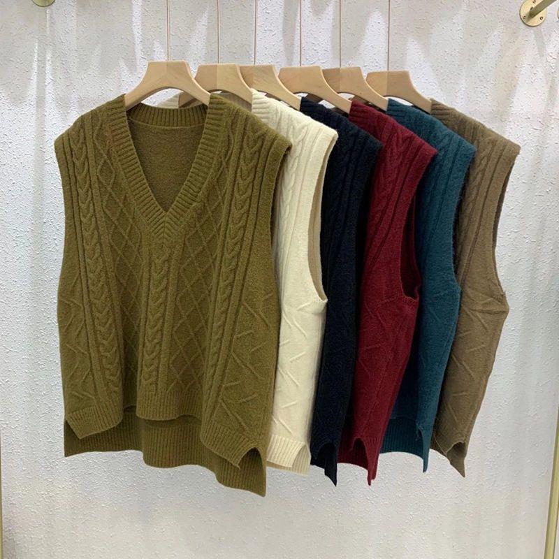 Women's Loose Fit Cable Knit V-Neck Sweater Vest - Autumn/Winter 2021, Thick OL Style, Korean Version.