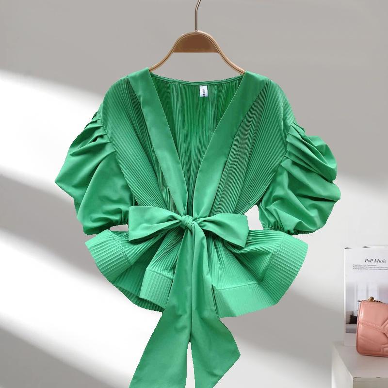 

Модная элегантная плиссированная блузка с коротким рукавом, женская, весна-лето, тонкая талия, рубашка с галстуком-бабочкой, однотонные повседневные простые топы, женская одежда 3510 L зелёный