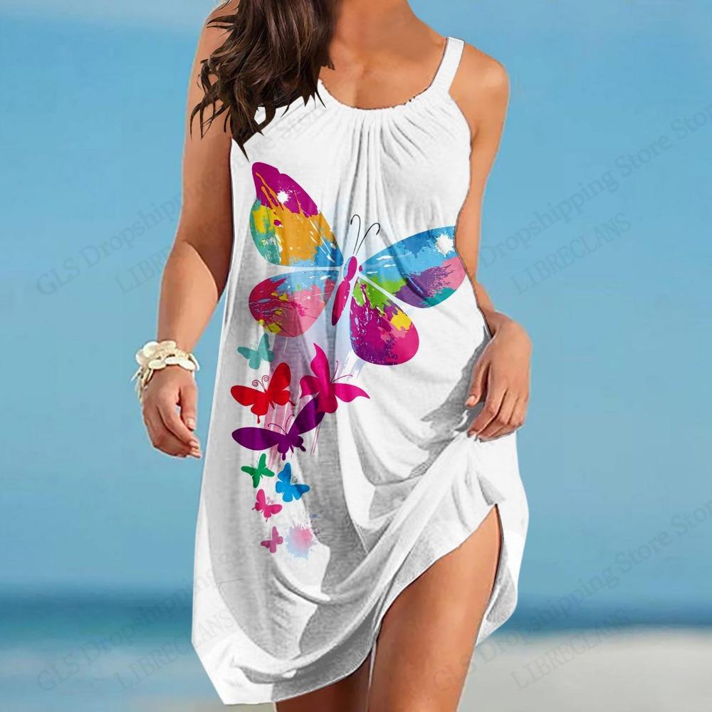 New Fashion Women Hawaiian Beach Dress Elegant Colourful Butterfly 3D Print Summer Midi Strap Bohemian Dresses Sleeveless Party