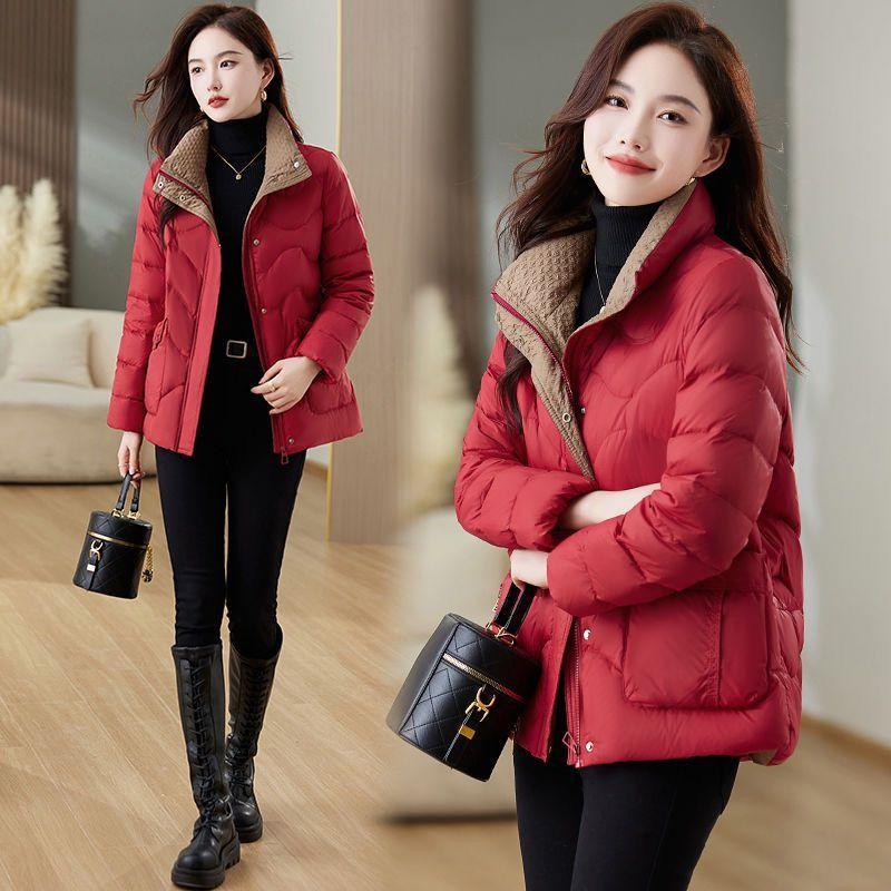 Red Loose Fit Short Puffer Coat for Women Winter Fashion Lightweight Slimming Cotton Jacket