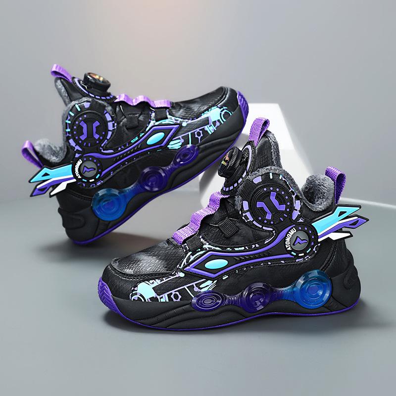 2025 new youth basketball shoes autumn and winter velvet warm sports shoes rotating button running shoes non-slip and wear-resistant