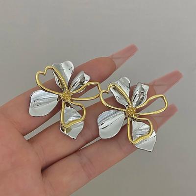 Vintage Metal Gold Silver Color  Big Flower Drop Earrings for Women Fashion Floral Statement Earrings Jewelry