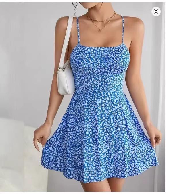 2026 European and American summer new fashion casual waist thin suspender backless printing sexy dress women