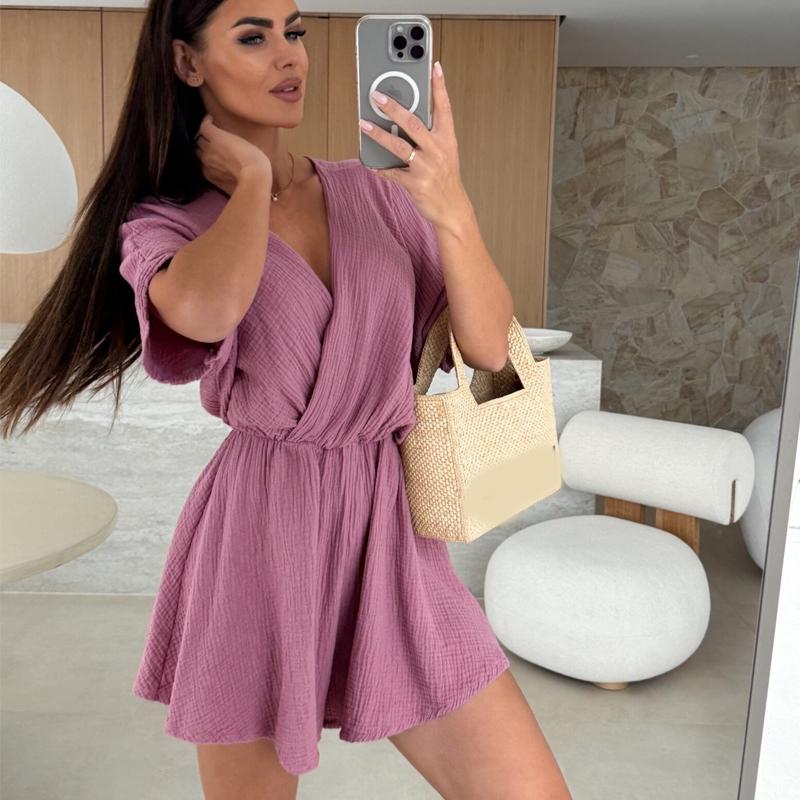 Summer Fashion Cross V Neck Loose Women Jumpsuits Casual Solid Color Short Sleeve Elegant Simple Party Playsuits Office Streetwear Women's Clothing