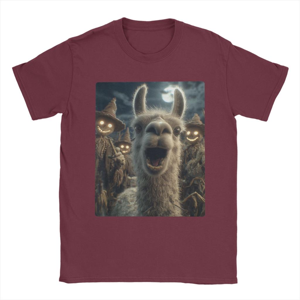 T-shirt Homme Selfie Lama avec Épouvantails Effrayants Nouveauté Coton Manches Courtes Animal T-shirt Halloween Col Rond Hauts Cadeau