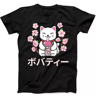 Maneki Neko Boba Bubble Tea Sakura Glückskatze Lustiges Geschenk T-Shirt Schwarz 158