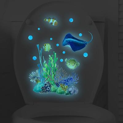 Luminous WC Toilet Lid Decal Undersea Animal Fish Coral Toilet Cover Sticker  Restroom