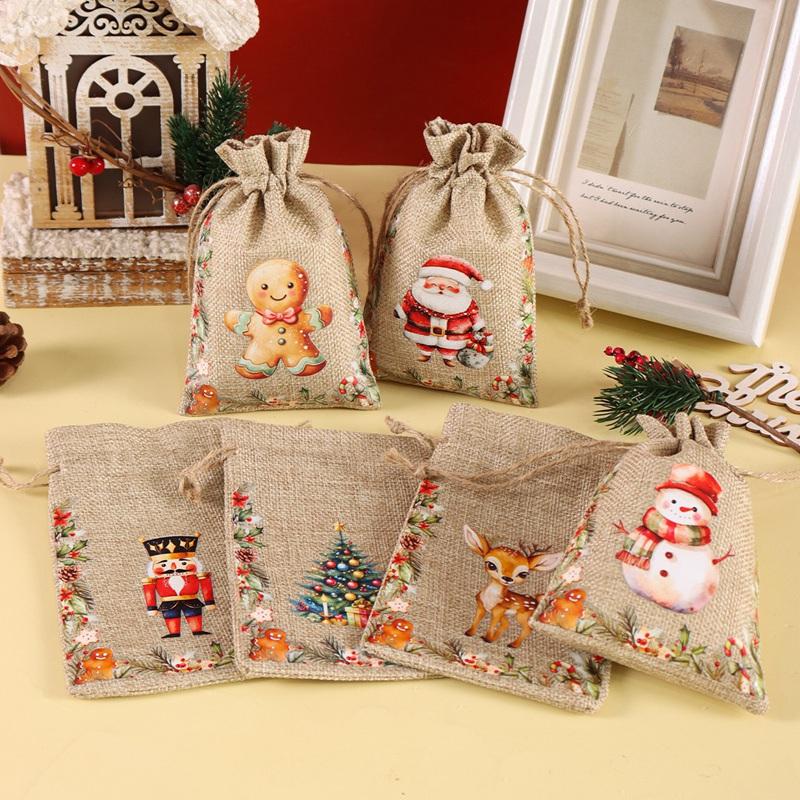 6pcs Watercolor Christmas Linen Candy Bags Burlap Drawstring Gifts Storage Bags Christmas Decorations 2026 Xmas Navidad Natal
