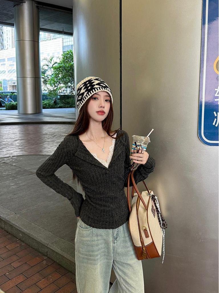 Gray Lace V-Neck Knit Top - Autumn/Winter Slim Fit Long Sleeve Base Layer