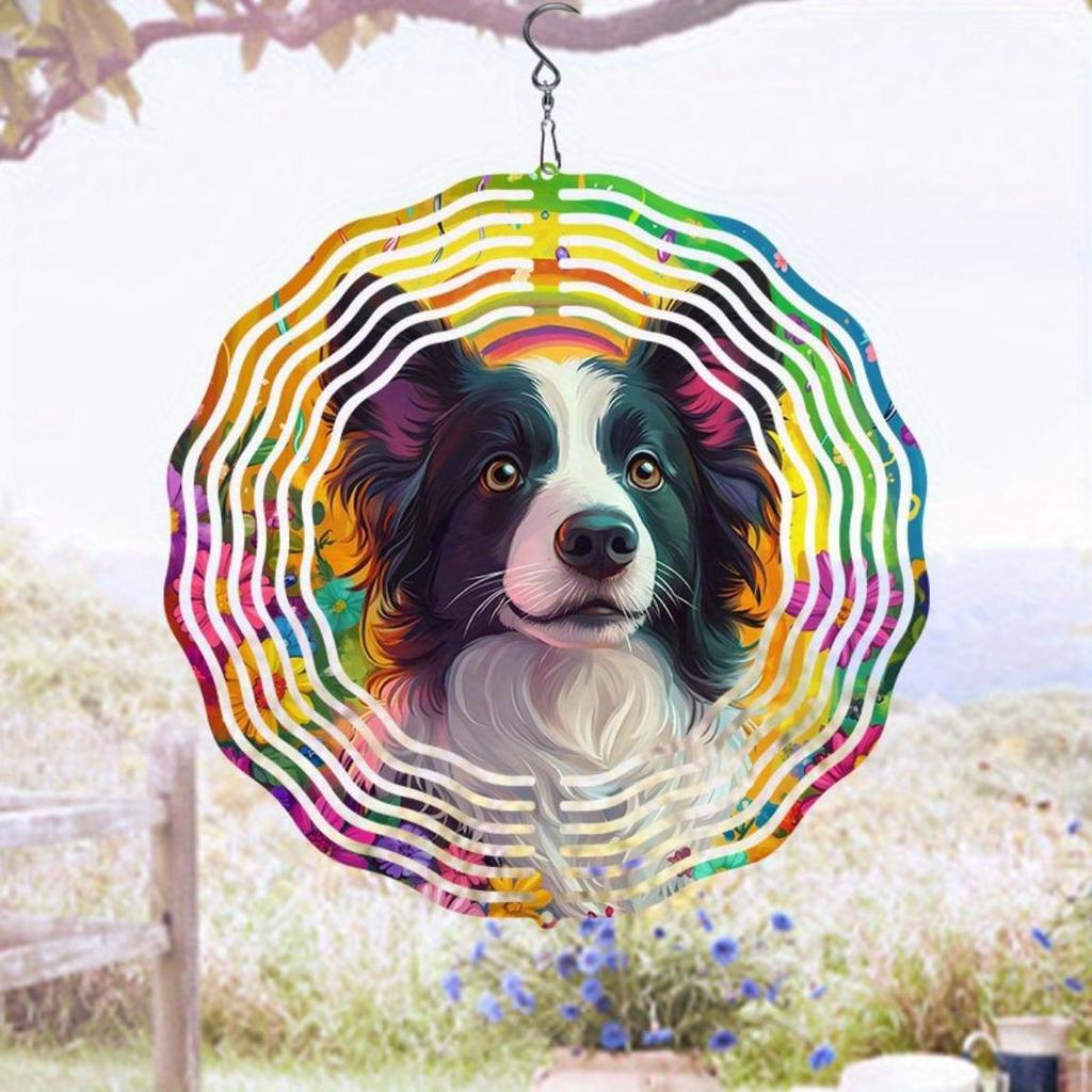 Rainbow Border Collie Dog Wind Spinner - 360° Rotating Metal Garden Art, Vibrant Circular Outdoor Decor for Patio