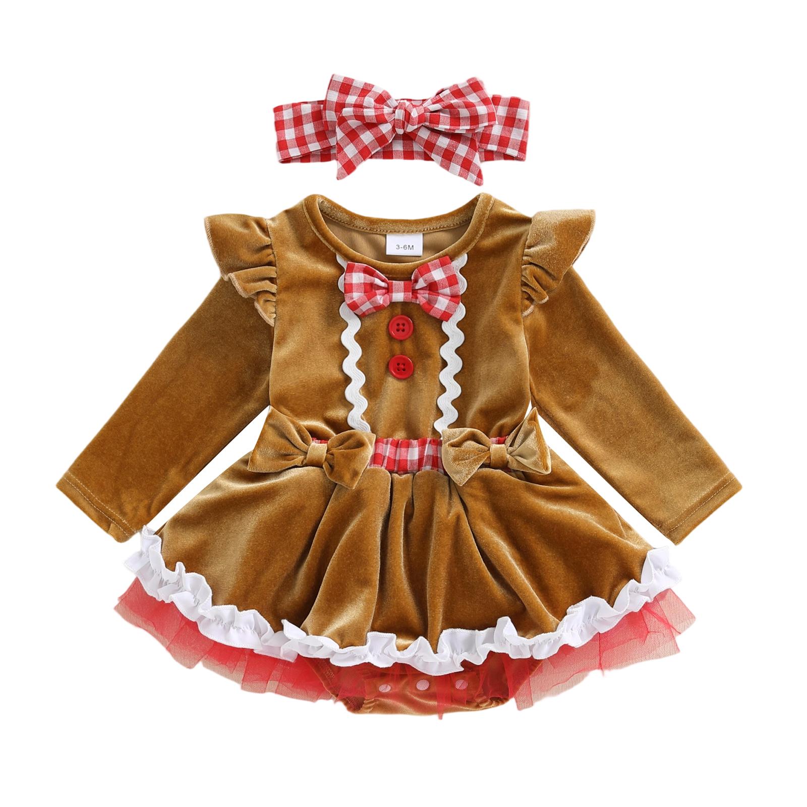 

Baby Girl Christmas Outfit Gingerbread Man Long Sleeve Romper Dress Bow Headband 2 Piece Set 0-3M бежевый