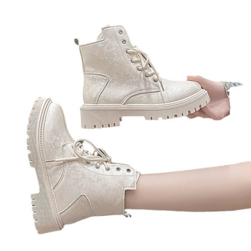 Autumn and Winter New Printed Thick-heeled Retro Short Boots Thick-soled Round Head Fleece Thickened Large-size Martin Boots