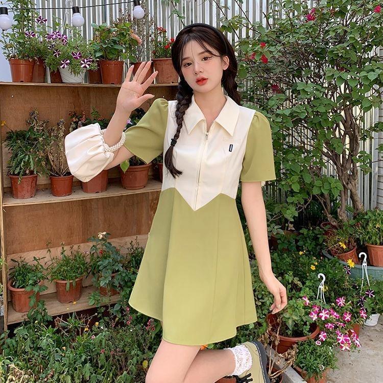 Chic French Waist Dress Summer Women Polo Collar Gentle Wind