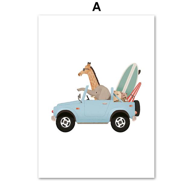 

Мультяшный автомобиль Жираф Слон Обезьяна Медведь Настенная живопись на холсте Плакаты на скандинавскую тему и принты с животными Настенные панно Декор для детской комнаты 21cm×30cm NoFrame