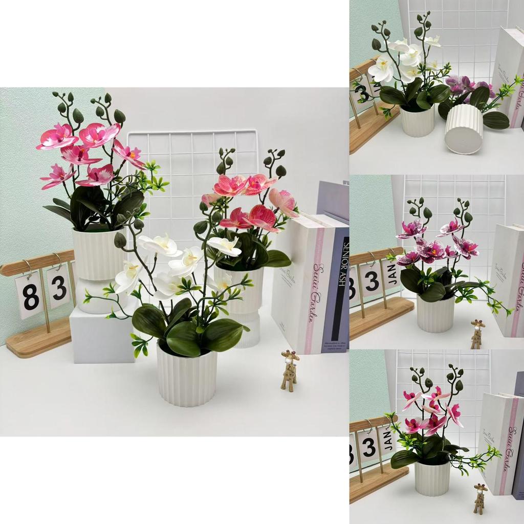 Faux Orchid Flower Arrangement With Pot For Home Decor And Indoor Green Plant Display