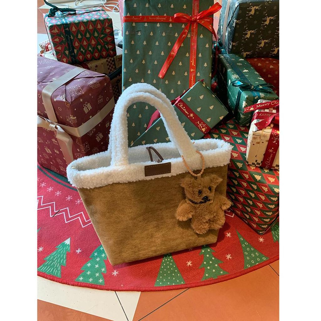 Wełniana torba typu tote z wełny jagnięcej Damska torebka Ciepła zimowa torba Damska dużej pojemności Torba podróżna Japoński styl Kreskówkowy dodatek Torby ręczne