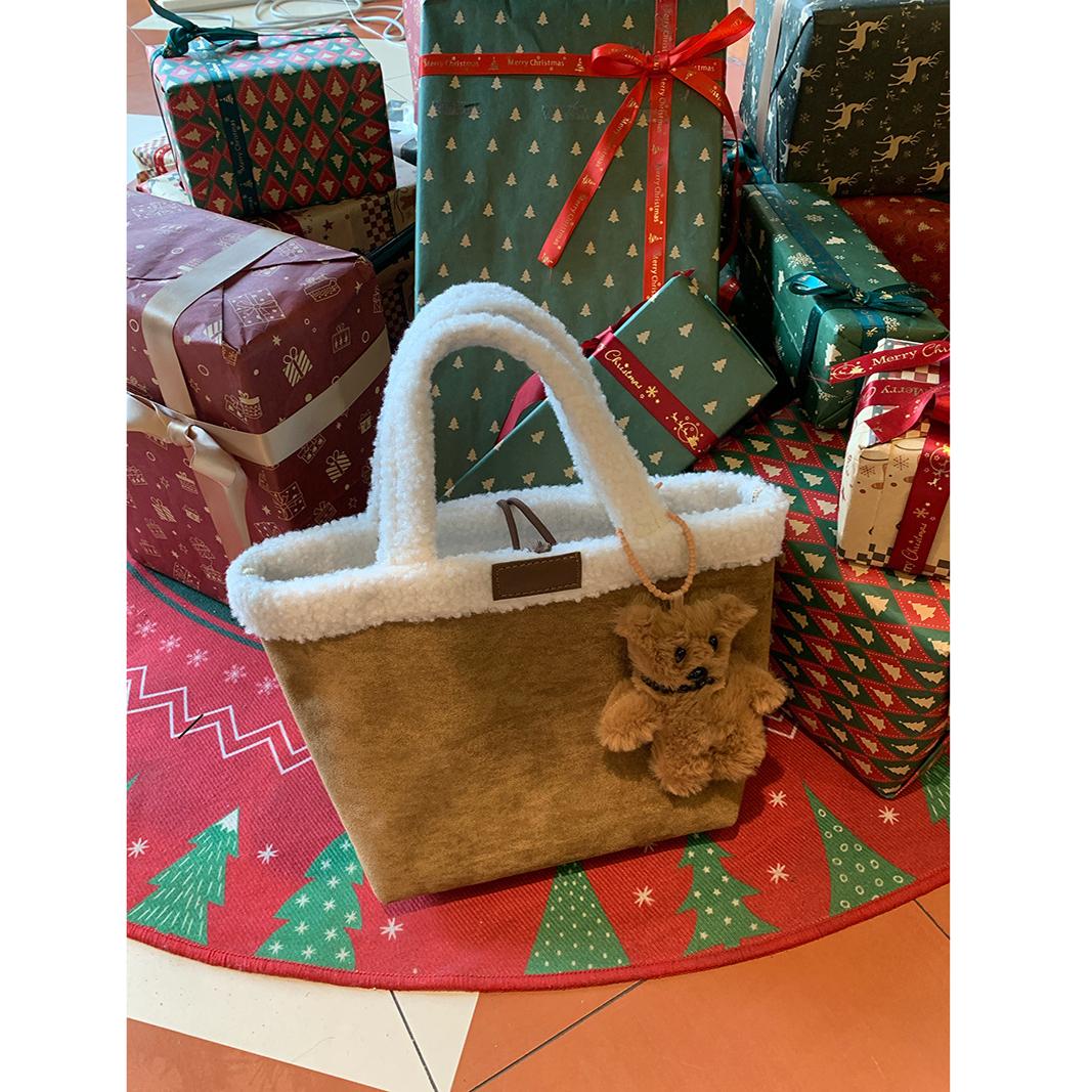 

Сумка-тоут из овечьей шерсти, женская сумка, теплая зимняя сумка, женская дорожная сумка большой вместимости, японский стиль, мультяшные аксессуары, ручные сумки коричневый