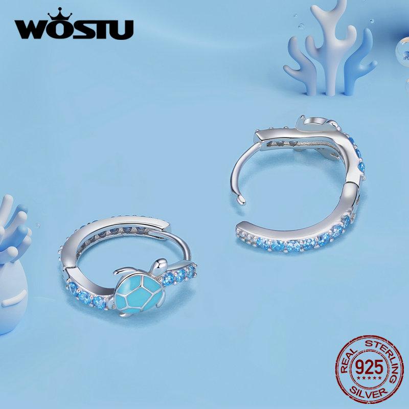 WOSTU 925 Sterling Silver Blue Turtle Hoop Earrings Shiny Zircon Ear Buckles Fine Jewelry For Women Vacation Party Summer Gift