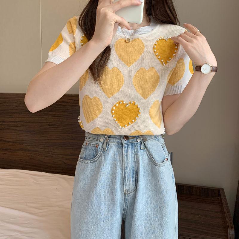 Liebe Eisseide Gestricktes Kurzarm-T-Shirt für Damen Sommer Koreanische Edition Design Sinn Nische Slim Fit Top