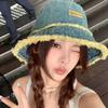 Japanese Retro Raw Edge Washed Denim Bucket Hat Spring And Summer Outdoor Travel Sun Protection Large Brim Foldable Sun Cap