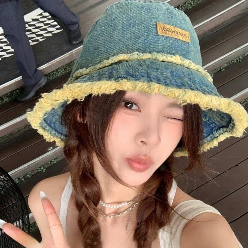 Japanese Retro Raw Edge Washed Denim Bucket Hat Spring And Summer Outdoor Travel Sun Protection Large Brim Foldable Sun Cap