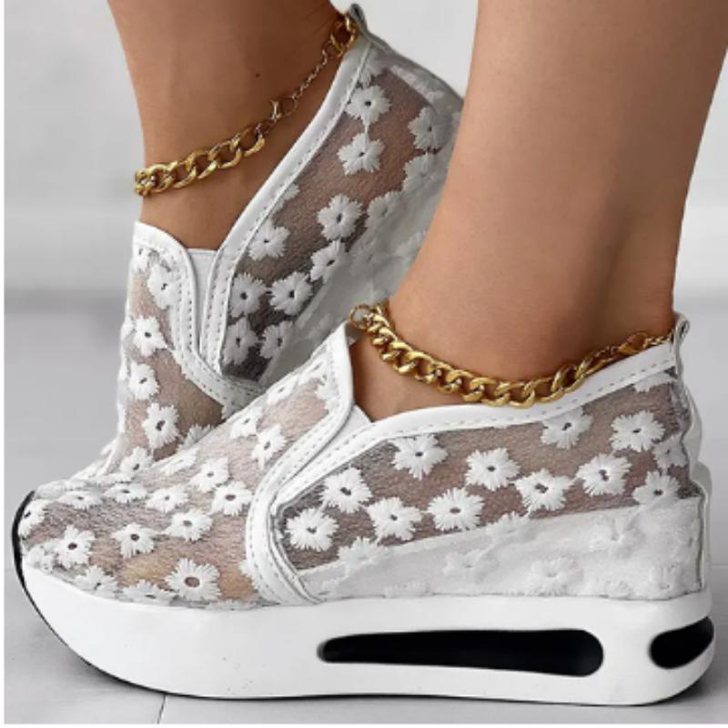 Women's Sneakers Floral Embroidery Mesh Sneakers for Women Slip on Casual Comfy Heeled Shoes Woman