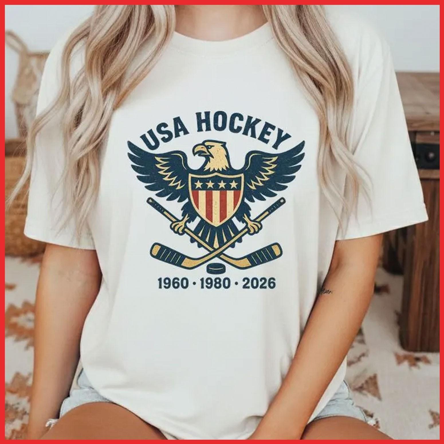 USA Hockey Eagle 1960 1980 2026 Vintage White Cotton T-Shirt S-5XL M