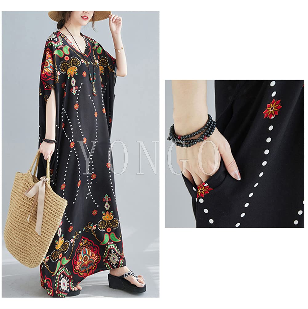 YONGO Maxi Long Short Loose Floral Plus Ethnic Resort Dress Women's Dress, Summer, Length, Sleeves, Fit, Print, V-Neck, Size, Retro, Style, (Free