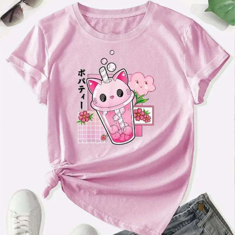 Fashion Women Milk Tea Cat Head Print T Shirt Funny Casual O-neck Short Sleeves T-shirt Summer Female Tee Shirt