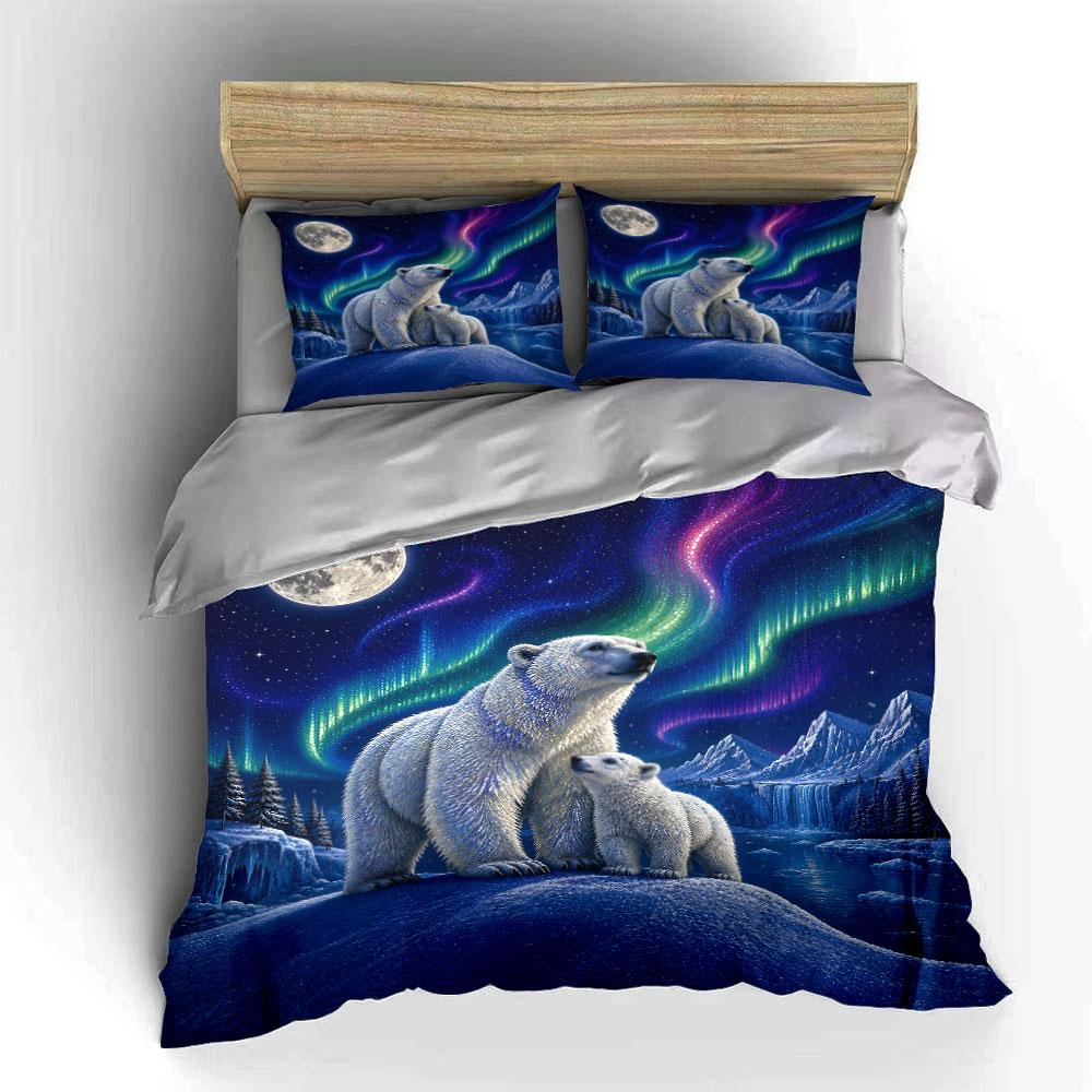 Polar Bears with Aurora Night Bedding Duvet Cover Set  (1*Duvet Cover 2*Pillowcases, without duvet insert)