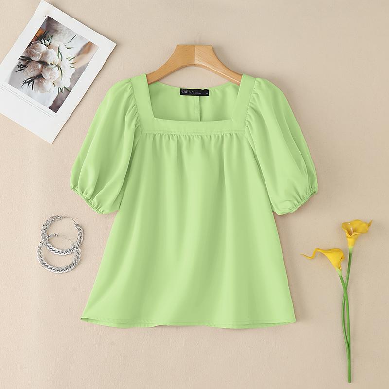 

ZANZEA Женская повседневная летняя блузка с квадратным воротником и коротким рукавом XL зелёный