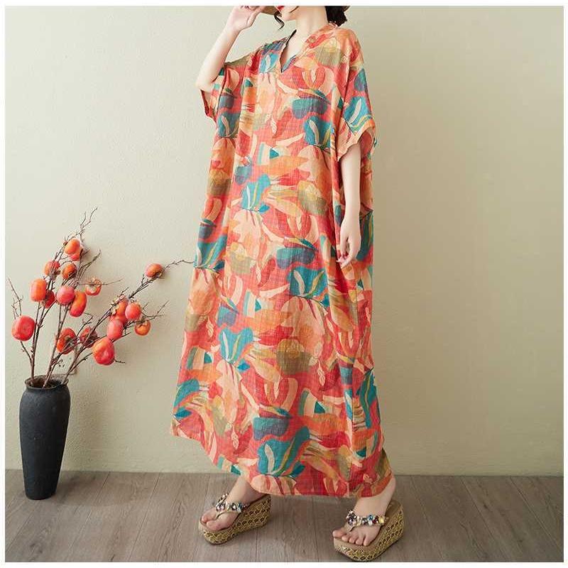 Women's Vintage Long Dress with Cotton and Linen Patterns