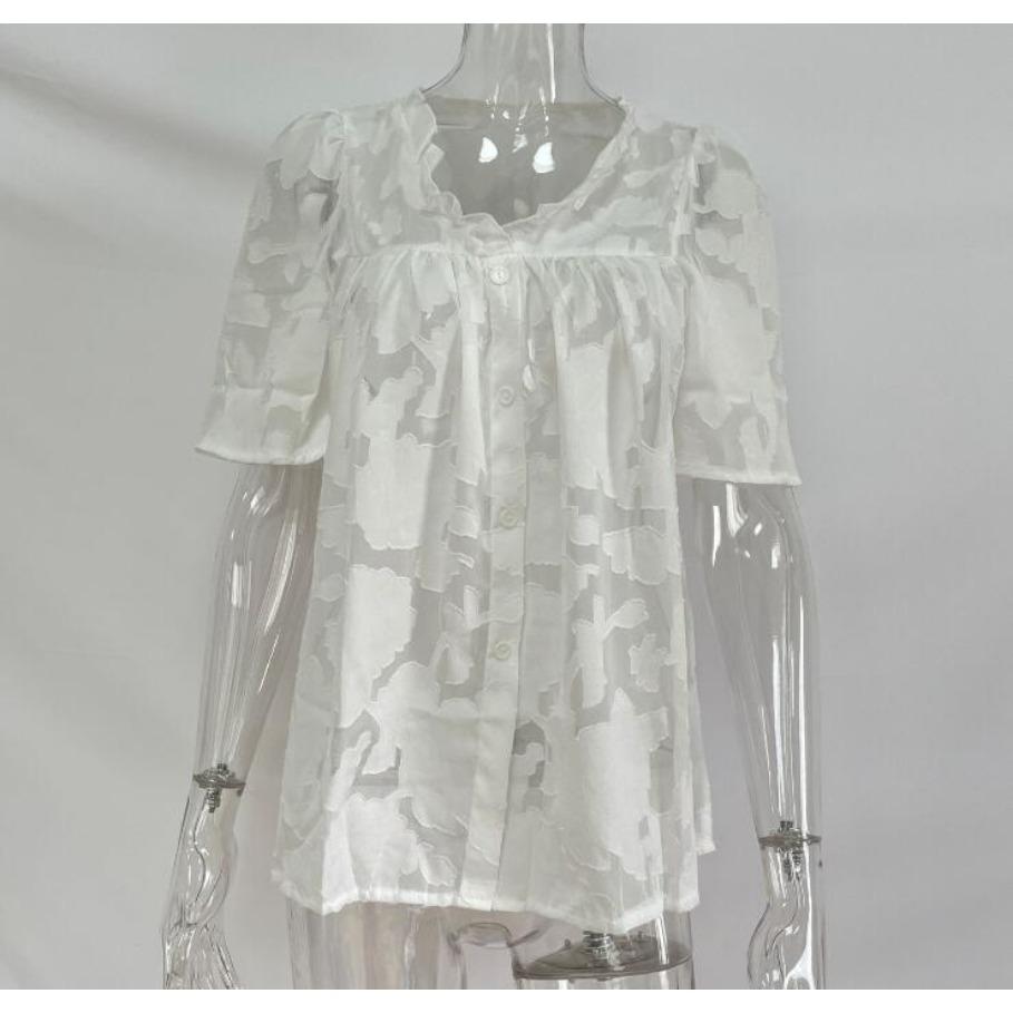 Odzież damska Dekolt w serek Letnia bluzka szyfonowa Jednolita Rękaw trąbkowy Koronkowa wycinanka Top