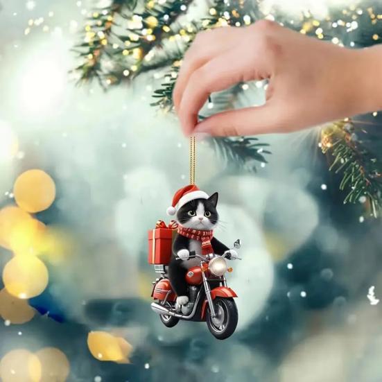 Motorcycle Cat Acrylic Hanging Decoration Home Indoor Christmas Tree Car Rearview Mirror 2D Flat Riding Kitten Hanging Ornament Cartoon Animal Pendant