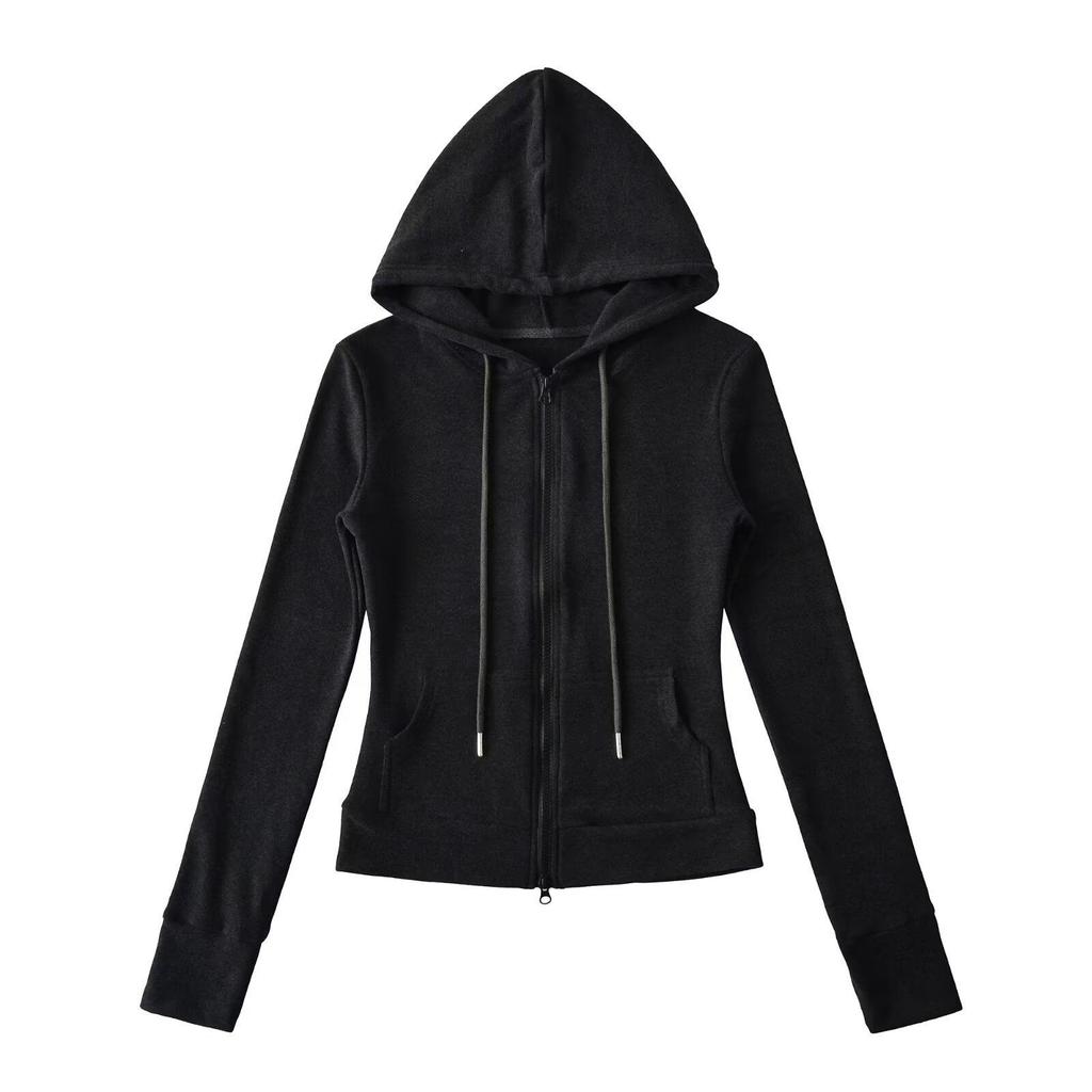 Women's American-Style Slim Fit Thermal Fleece Hoodie with Double Zippers & Large Pockets for Autumn/Winter Yoga