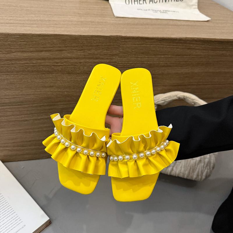 Women Slippers Flats Bead Sandals Square Toe Shoes Summer New 2025 Trend Open Toe Dress Casual Flip Flops Woman Beach Slides