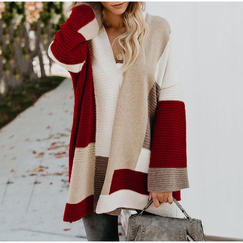 

Повседневный женский вязаный кардиган с цветными блоками, удобный, с длинными рукавами, свободный модный свитер, пальто, осень-зима 3XL вино красного
